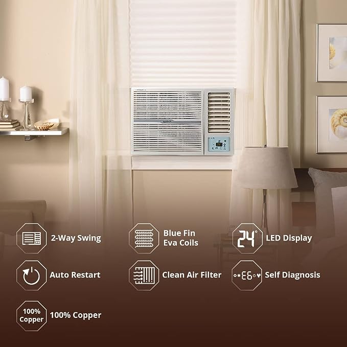 Lloyd 1.0 Ton 2 Star Fixed Speed Window AC (Copper, 2023 Model, White with Silver Deco Strip, GLW12C2YWSEW)(OPEN BOX) Lloyd 1.0 Ton 2 Star Fixed Speed Window AC (Copper, 2023 Model, White with Silver Deco Strip, GLW12C2YWSEW)(OPEN BOX)